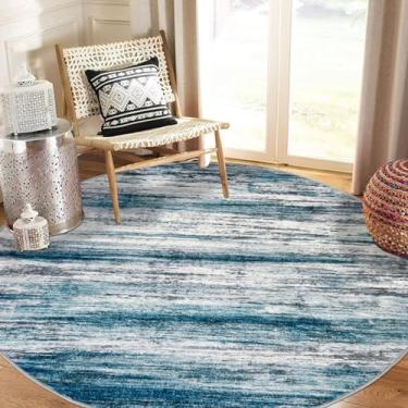 Imagem de KOZYFLY Tapete redondo abstrato lavável de 1,5 m, tapete de cozinha moderno, antiderrapante, macio, pequeno, tapete circular de banheiro, tapete de entrada listrado azul petróleo com estampa de lã