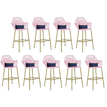 Imagem de Kit 09 Banqueta Alta Sttar Ferro Dourado Fibra Rosa Bebê Almofada Corino Azul Marinho - Amey Decor