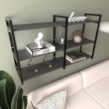 Imagem de Prateleira Industrial Sala Estar Estante Nicho Parede Mdf Suspensa Pratileira Ferro Preto
