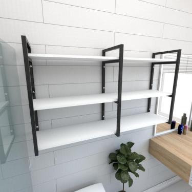 Imagem de Estante Nicho Industrial Banheiro Prateleira Branca Prateleira Industrial Ferro Madeira