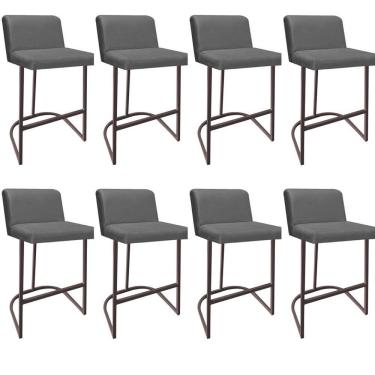 Imagem de Kit 08 Banquetas Com Encosto Noah Luxo Confort Bistrô Cozinha Ferro Marrom Suede Cinza