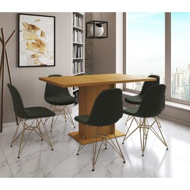 Imagem de Mesa Jantar Londres Retangular Canela 137X90Cm 6 Cadeiras Estofadas Verde Base Dourado