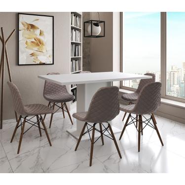 Imagem de Mesa Jantar Londres Retangular Branca137X90 6 Cadeiras Estofadas Nude Médio Madeira