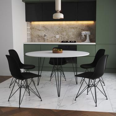 Imagem de Mesa Jantar Redonda 110Cm Branca Clips 3 Pés Com 5 Cadeiras Eames Eiffel Pretas Ferro Preto