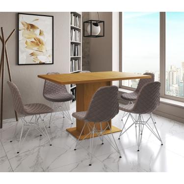 Imagem de Mesa Jantar Londres Retangular Canela 137X90Cm 6 Cadeiras Estofadas Nude Médio Ferro Branco
