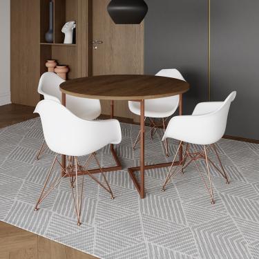 Imagem de Mesa Industrial Jantar Amêndoa 110Cm Redonda Base V Com 4 Poltronas Brancas Base Cobre Amendoa