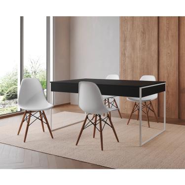 Imagem de Mesa Jantar Industrial Retangular Preta 137X90Cm Base Ferro Branco C/4 Cadeiras Brancas Cor: Preto