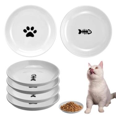 Imagem de Tigela de comida de gato, pacote com 6 tigelas de cerâmica, antibigode, pratos para gatos de 14 cm, bandeja de comida para gatos, rasa e larga, prato para gatinhos, pata fofa, padrão espinha de peixe