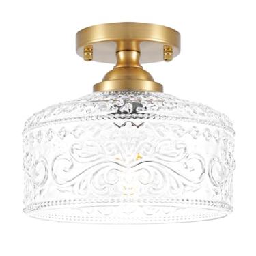 Imagem de Daunton Luminária De Teto Semi-Embutida Dourada, Latão Antiga Com Vidro, Interna Próxima À Luminária, Luminárias Entrada, Iluminação Suspensa Para Corredor, Cozinha, Quarto, Sala Jantar