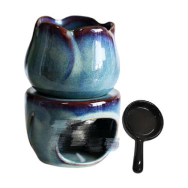 Imagem de IEUDNS Queimador de óleo essencial de cerâmica, difusor de óleo, aroma portátil, presente, luz de chá, suporte para velas, queimador de cera derretida para, Flor-azul