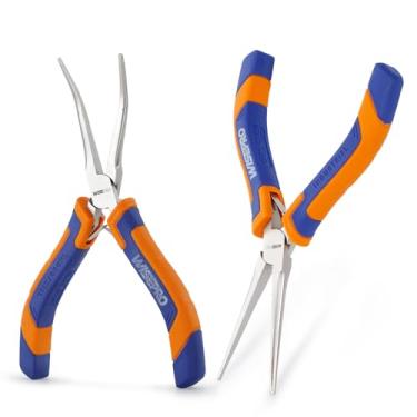 Imagem de WISEPRO Conjunto de 2 peças de mini alicates de ponta de agulha de 15 cm, alicates de ponta longa retos e dobrados com alças confortáveis, alicate pequeno de ponta de agulha para fabricação de joias
