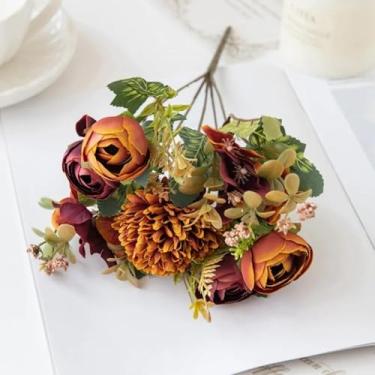 Imagem de Flores artificiais, chá, botões de rosas, buquê, caixa de doces, vaso, decoração de quarto, guirlanda de festival, casamento, seda, hortênsia, flores falsas (3 peças/laranja)