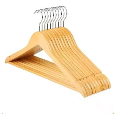 Imagem de Kit 3 Cabides de Madeira com Acabamento Envernizado, 45cm x 22,5cm, Suporte para Alça, Dourado