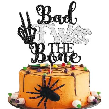 Imagem de Gyufise 1 pacote Bad Two the Bone Cake Topper Glitter Skull 2º aniversário decoração de bolo para Halloween caveira 2º aniversário decorações suprimentos preto prata