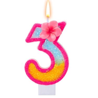 Imagem de Velas de aniversário número 3 para bolo, decorações de aniversário de flores rosa, lembrancinhas de festa de aniversário, lindos topos de vela de aniversário, decorações de bolo para festas de