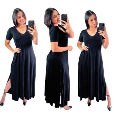 Imagem de Vestido longo gola v com fenda lateral - Neide modas, Preto, P