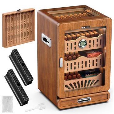 Imagem de LIHTUN Umidor de charuto, tampo de vidro para armário de charuto, presente de charuto para homens, com 3 prateleiras de madeira de cedro espanhol, 3 umidificadores, 1 higrômetro e gaveta de acessórios