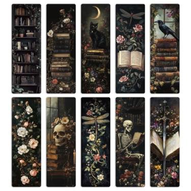 Imagem de AFRITEE Marcadores de livro Dark Academia para mulheres, 20 peças, marcadores de página góticos românticos escuros engraçados para mulheres, marcador de página de caveira floral de gato preto