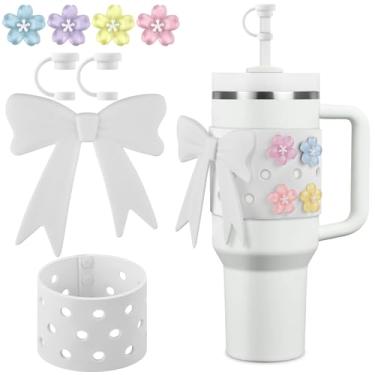 Imagem de Tampa de palha para Stanley, acessórios de copo de laço fofo compatíveis com Stanley Cup 1,134 g, incluindo topos de palha reutilizáveis, mangas de copo, decoração de arco e flor (branca)