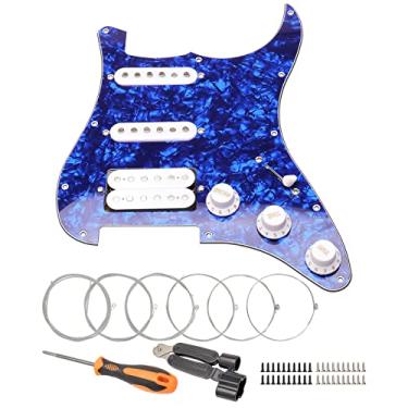 Imagem de Unxuey Escudo de guitarra carregado com 11 furos SSH com captador branco Humbucker conjunto de placas de raspar pré-conectadas para Fender Stratorcast, pérola azul de 4 camadas, com cordas de guitarra e ferramenta de instalação