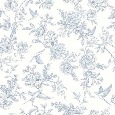 Imagem de VEELIKE Papel de parede floral azul de casa de campo de papel de parede vintage flor pássaro papel de parede para quarto, banheiro, casa de fazenda, 48 x 38 cm, papel de parede removível azul e branco