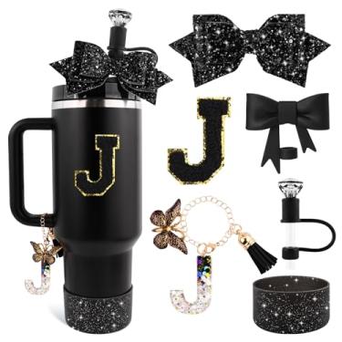 Imagem de Lingdeer Conjunto de acessórios de copo preto para Stanley 850 g e copo de 1,134 g com alça, pingentes de letras, capas de canudo de arco e diamante, bota de silicone com glitter, adesivo