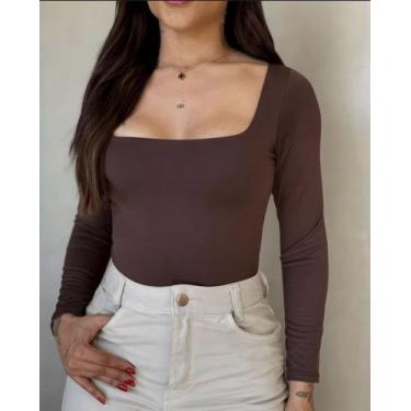 Imagem de Body Liza Manga Longa decote quadrado Blogueiras - Genérica, Marrom, G