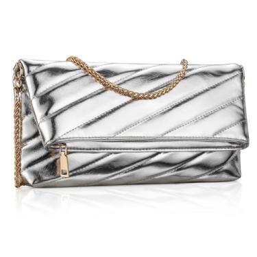 Imagem de Vulkitty Bolsa de couro clutch para noite feminina envelope bolsa transversal com alça de corrente, bolsas de festa de casamento, Prata