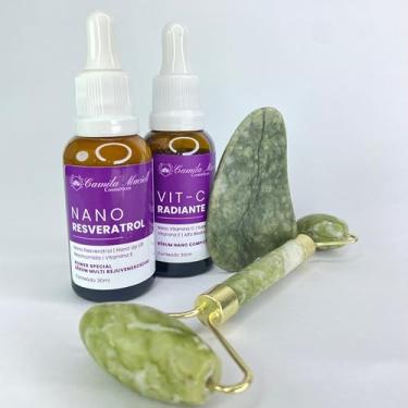 Imagem de Kit Skincare Facial Camila Maciell – Nano Resveratrol + Vitamina C + Gua Sha + Rolo de Jade – Efeito Firmador, Iluminador e Lifting Natural – Para Todos os Tipos de Pele – 4 Peças