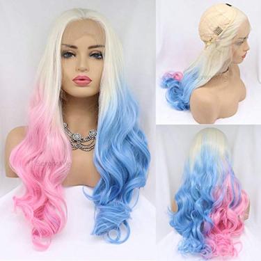 Imagem de Perucas Cosplay Drag Queen 60 cm Arlequina Penteado 60 Branco Loiro Ombre Meio Bebê Rosa/Meia Safira Azul Sintético Lace Front Wigs para Mulheres Loiro Ombre Pastel Rosa Azul Peruca