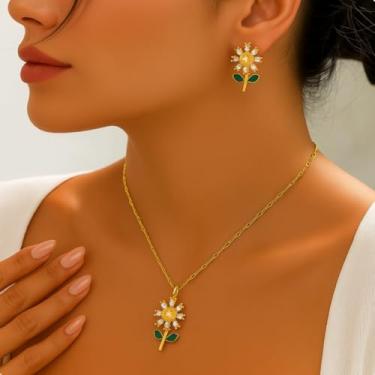 Imagem de Kit Conjunto Colar Brinco Girassol Zircônias Folheado Ouro Presente Luxo Mulher Elegante Delicado Chique Festa Joias Dourado Brilhante Bijuteria