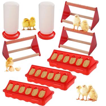 Imagem de Pacote com 8 kit de alimentador e bebedouro de pintinhos, suprimentos de alimentação para pintinhos, inclui 3 comedouros, 2 bebedouros e 3 poleiros, kit inicial de frango para chocadeira e galinheiro