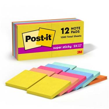 Imagem de Post-it Super Sticky Notes, 1080 Total Notes, Pack of 12 Pads, 3" x 3", Summer Joy Collection, 90 Sheets Per Pad, Set of 12 Pads