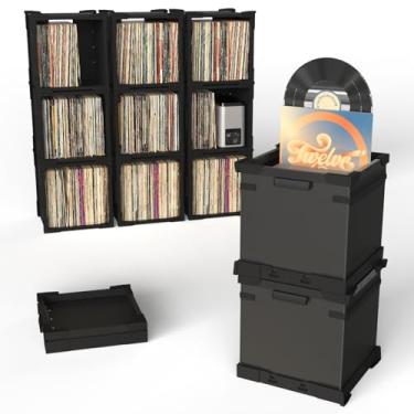 Imagem de HumminGuru FlexiCube Caixa para Guardar Discos de Vinil–Organizador Empilhável para Discos de 12”, Comporta 70 LPs | Prateleira Modular para Vinil e Caixa de Armazenamento Dobrável e Durável (3 Cubos)