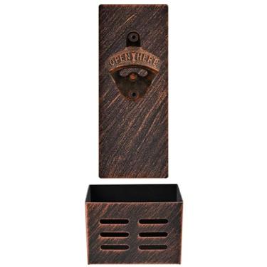 Imagem de Luwanburg Abridor de garrafas magnético antigo com tampa apanhador de tampa montado na geladeira abridor de cerveja de ferro fundido cobre para parede de geladeira