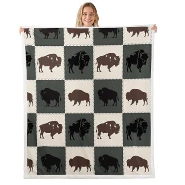 Imagem de Feelyou Cobertor Buffalo Sherpa solteiro 152 x 203 cm cobertor de lã de bisão americano selvagem para cama sofá crianças animais selvagens rústico cabana fazenda cobertor de pelúcia xadrez verde