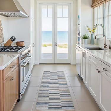 Imagem de jinchan Corredor de corredor 2x6 geométrico, ultrafino, lavável à máquina, antiderrapante, leve, moderno, listrado, tapete abstrato para quarto, cozinha, chão, sala de estar, azul