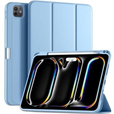 Imagem de Kidopire Capa compatível com iPad Pro de 11 polegadas (M4, 5ª geração 2024) com suporte para lápis, suporte protetor de três dobras e parte traseira de TPU macio, azul