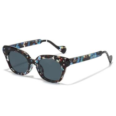 Imagem de Óculos de sol estilo gatinho retrô feminino, armação com lentes UV400 e rebites (azul leopardo e preto)