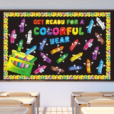 Imagem de Quadro de avisos "Welcome Back to School", conjunto de quadro de avisos para sala de aula com tema de giz de cera para decoração de parede de quadro-negro escolar, 64 peças