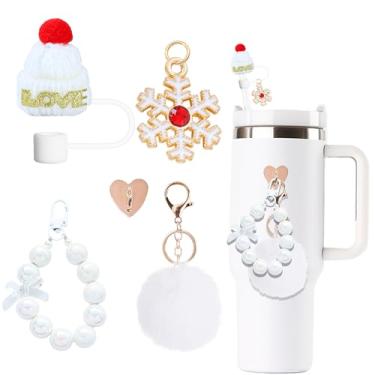 Imagem de 5 peças de acessórios de garrafa de Natal Warter para copos Stanley, incluindo capa de palha de chapéu de Natal e pingentes de chaveiro fofos para Stanley Cup 1,134 g e copo de 850 g, perfeito para