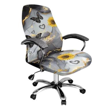 Imagem de Cadowhimsy Capa de cadeira de escritório com estampa de borboleta de girassol e textura de mármore cinza dourado para jogos em casa, antipoeira, capa giratória para cadeira protetora de chefe para