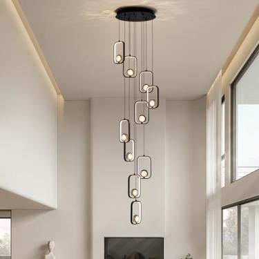 Imagem de MOOONICHE Lustre de cristal de LED moderno de 10 luzes com 10 luzes preto para escadas, luminária grande de comprimento ajustável para hall de entrada, sala de estar