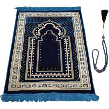 Imagem de Tapete de oração para homens, mulheres ou crianças muçulmanos, conjunto portátil para oração e contas de oração para presentes islâmicos – Tapete de oração muçulmano para Ramadã, Umrah, Hajj - Tapete