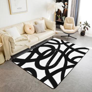 Imagem de jejeloiu Tapete listrado preto e branco, 12 x 18 cm, arte abstrata, sala de estar, para quarto, linha boho, tapete decorativo antiderrapante, geométrico, tapete de chão interno