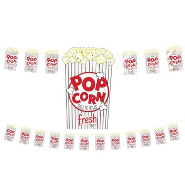 Imagem de Pacote com 2 guirlandas de pipoca – Faixa de pipoca para noite de cinema, carnaval ou sala de aula – Decorações de caixa de sinalização de pipoca de cartolina para barra de pipoca