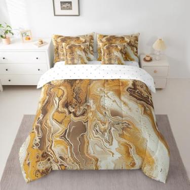 Imagem de Erosebridal Conjunto de edredom de mármore, 7 peças, tamanho casal, com tinta fluida, moderna, arte marmorizada, para crianças, conjunto de cama abstrata de pedra líquida dourada e marrom