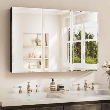 Imagem de TETOTE Armário de espelho de banheiro 122 x 81 cm com espelho chanfrado temperado armário de remédios preto dobradiças DTC, prateleiras ajustáveis contínuas, embutidas/montadas na superfície