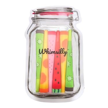 Imagem de Conjunto de 6 canetas em forma de fruta e bolsa reutilizável para jarra de mason, canetas de tinta de gel preta de ponta fina e sedosa, silicone moldado de qualidade cria artigos de papelaria caprichosos para escritório, escola ou presente (1 pacote)