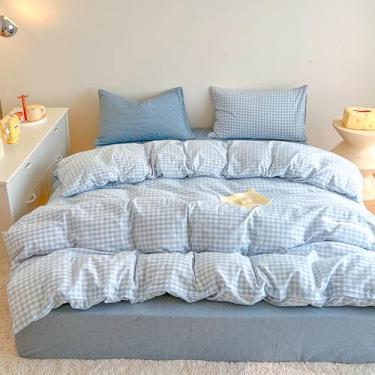 Imagem de BOLINLIVING Capa de edredom Gingham tamanho casal, conjunto de capa de edredom xadrez azul claro branco e azul claro, conjunto de cama de microfibra para todas as estações com fecho de zíper e laços